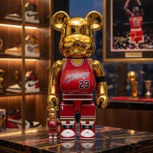 K&ouml;nnte beinhalten: Eine gro&szlig;e und eine kleine goldene b&auml;renf&ouml;rmige Sammlerfigur, die ein rotes Chicago 23 Basketballtrikot tr&auml;gt. Die Figuren haben eine reflektierende metallische Oberfl&auml;che, wobei das Trikot wei&szlig;e R&auml;nder, den Schriftzug Chicago und die Nummer 23 in Schwarz aufweist.