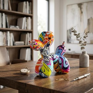 Peut inclure: Une sculpture de chien en ballon avec un motif graffiti multicolore vibrant, des contours noirs marqués et des accents vifs en jaune, orange, rose et bleu. La surface est lisse et brillante, représentant une silhouette canine stylisée debout.