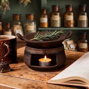 Ceramic Oil Burner & Tea Leaf Diffuser, Rustic Brown Black Aroma Burner, Essential Oil Wax Melt Warmer, Cozy Home Decor Christmas gift