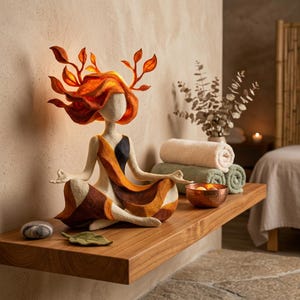 Könnte beinhalten: Eine Filzskulptur einer meditierenden Figur mit orangefarbenem Haar und blattartigen Details. Die Figur sitzt im Lotussitz und trägt ein Kleid mit braunen, orangefarbenen und schwarzen Streifen. Die Skulptur steht auf einem Holzregal.