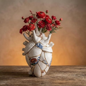 Może przedstawiać: Biały ceramiczny wazon w kształcie anatomicznego serca, ozdobiony wzorem w stylu kintsugi ze złotymi liniami łączącymi różne odłamki porcelany. Niektóre odłamki mają niebiesko-białe wzory kwiatowe. Wazon zawiera bukiet czerwonych kwiatów.