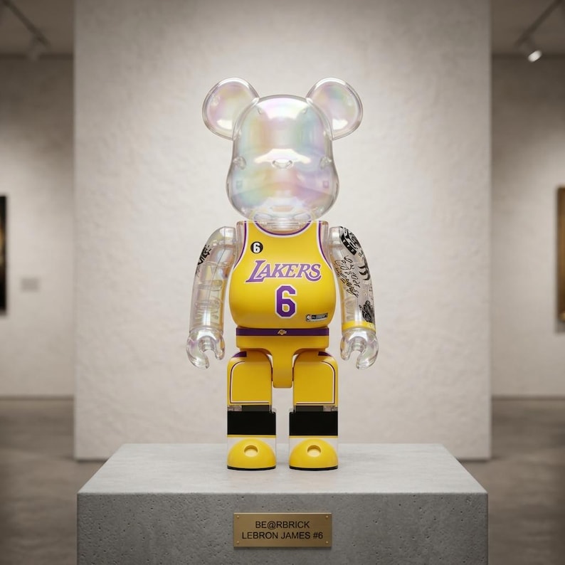 Pu&ograve; includere: Una statuetta Bearbrick trasparente e iridescente che indossa una maglia gialla dei Los Angeles Lakers con il numero 6. La figura presenta tatuaggi neri sulle braccia, una testa a forma di orso e una targa BE@RBRICK LEBRON JAMES #6.