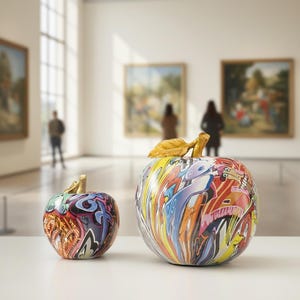 Könnte beinhalten: Zwei dekorative Apfel-Skulpturen mit farbenfrohen Graffiti-Mustern. Die Äpfel haben goldfarbene Stiele und Blätter. Sie stehen auf einer weißen Oberfläche in einer Kunstgalerie, mit Gemälden und Personen im Hintergrund.