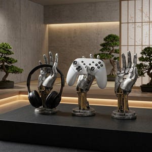 Könnte beinhalten: Drei roboterartige Handständer. Einer hält einen schwarzen Kopfhörer, ein anderer einen weißen Gamecontroller. Die Ständer sind silber- und goldfarben. Der Hintergrund zeigt Bonsai-Bäume und einen japanischen Bildschirm.