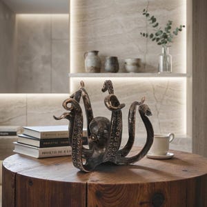 Könnte beinhalten: Bronze-Oktopus-Skulptur mit detaillierten Tentakeln, ausgestellt auf einem runden Holztisch. Die Skulptur hat eine verwitterte Oberfläche und ist der Mittelpunkt des Bildes. Ein Stapel Bücher und eine Kaffeetasse befinden sich ebenfalls auf dem Tisch.