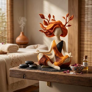 Könnte beinhalten: Eine gefilzte Figur in einer sitzenden Meditationshaltung, mit orangefarbenem Haar und blattartigen Akzenten. Die Figur trägt ein orange-schwarzes Kleid. Die Szene umfasst schwarze Steine, eine Schale mit Rosenblättern und eine kleine Ölflasche.