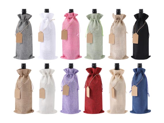 10PCS Drawstring Burlap Wine Gift Bags with String and Tag, 15cmx35cm/6''x14'' Lining Hessian Wine Bottle Bags, Jute Wine Bags