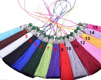 Silky Craft Tassels with Antique Silver Cap, Jade Bead - 3.8" (50pcs)