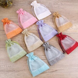 50PCS Drawstring Linen Burlap with Organza Gift Bags for Party Favors, Presents, Samples & Treats, Jewelry Wedding, Baby Shower (4''x5.6'')
