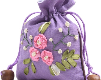 10pcs Mixed Satin Lined Floral Embroidery Drawstring Burlap Hemp Bags for Gift Packing Wedding Party Favors, Jewelry Pouches 4.4''x5.6''