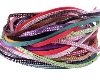 10 Yards 5x2mm Mixed Micro-fiber Studded Faux Suede Leather Cord with Rhinestone, Flat Synthetic Leather Strips for Jewelry Making, Crafting