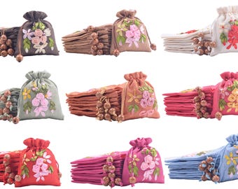10pcs Lining Drawstring Burlap Sachet Bags with Flower Stitched,Jewelry Packing Pouches, Wedding Favor Gift Bags 4.4''x5.4''(11.0x13.5cm)