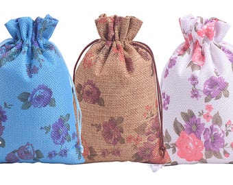 50pcs Drawstring Burlap Gift Bags, Flower Patterns Jute Bags Jewelery Pouches Earrings Ring Necklace Packaging Gift Bag Wedding Favors Bags