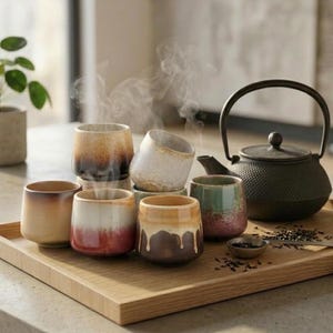 Puede incluir: Una colección de tazas de té de cerámica en varios colores, incluyendo marrón, blanco, rojo y verde, dispuestas sobre una bandeja de madera. Una tetera de hierro fundido negro se encuentra junto a las tazas, con vapor saliendo de ellas. También hay un pequeño cuenco con hojas de té.