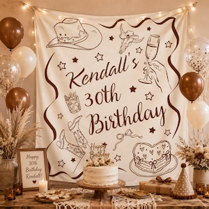 Custom 30th Birthday Tapestry,Western Cowgirl Party Backdrop,Personalized Name Wall Hanging,Champagne Cake Decor,Cowboy Hat Boot Party Decor