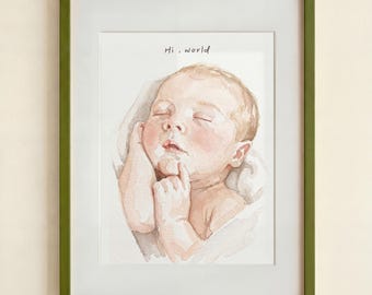 Portrait de bébé aquarelle personnalisé, art mural personnalisé pour chambre d'enfant, illustration d'enfant peinte à la main, cadeau de naissance, art portrait d'anniversaire d'enfant
