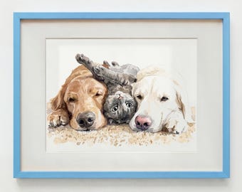 Custom Multiple Pet Portrait, Personalised 2 3 4 5 Pets Watercolor Painting, Hand-Drawn Dog and Cat Art from Photo, Multi Pet Memorial Gift