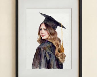 Ritratto di laurea personalizzato, regalo di laurea personalizzato, opera d'arte dipinta a mano della classe del 2026, illustrazione del cappello di laurea, regalo per lei per dottorato e master.