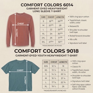 May include: A product information sheet for Comfort Colors t-shirts. The sheet displays size charts for a long-sleeve and youth t-shirt, including chest and length measurements in inches. Features include ring-spun cotton and classic fit.