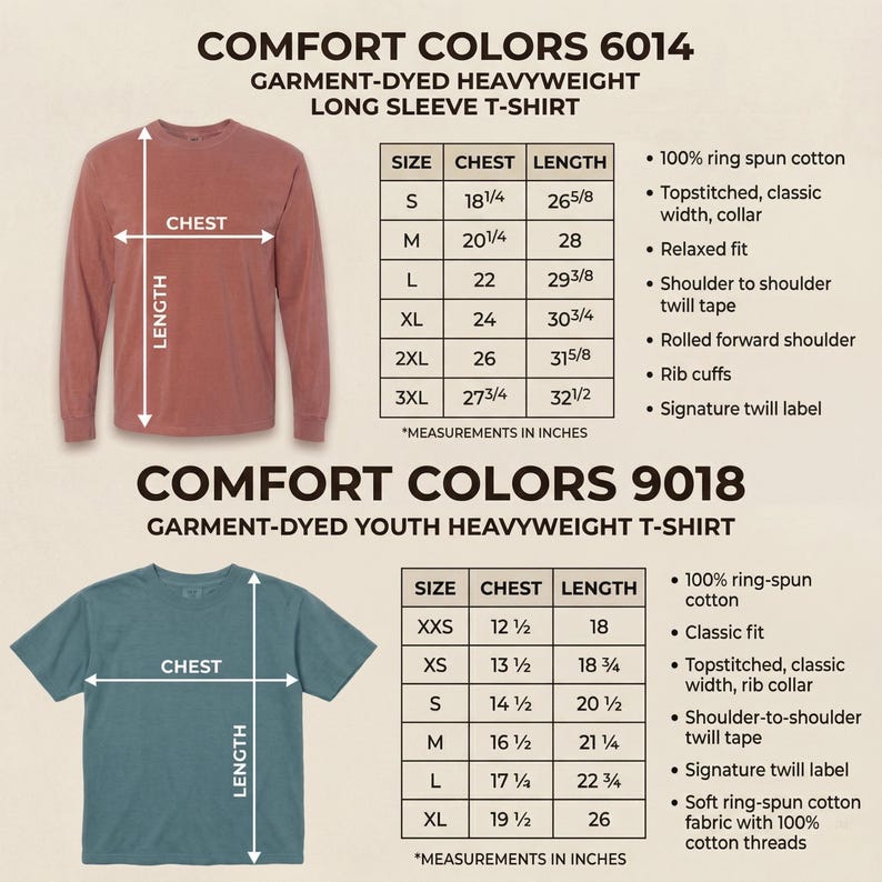 May include: A product information sheet for Comfort Colors t-shirts. The sheet displays size charts for a long-sleeve and youth t-shirt, including chest and length measurements in inches. Features include ring-spun cotton and classic fit.
