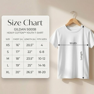 Size chart for Gildan 5000B Heavy Cotton Youth T-Shirt. A table shows measurements in inches and corresponding youth sizes from XS to XL. XS: 16" chest, 20.5" length (Fits size 4); S: 17" chest, 22" length (Fits sizes 6-8); M: 18" chest, 23.5" length (Fits sizes 10-12); L: 19" chest, 25" length (Fits sizes 14-16); XL: 20" chest, 26.5" length (Fits sizes 18-20). An illustration shows width measured across the chest and length from the top of the shoulder to the bottom hem.