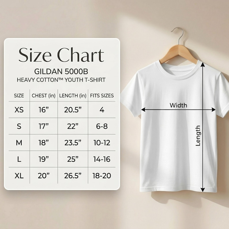 Size chart for Gildan 5000B Heavy Cotton Youth T-Shirt. A table shows measurements in inches and corresponding youth sizes from XS to XL. XS: 16" chest, 20.5" length (Fits size 4); S: 17" chest, 22" length (Fits sizes 6-8); M: 18" chest, 23.5" length (Fits sizes 10-12); L: 19" chest, 25" length (Fits sizes 14-16); XL: 20" chest, 26.5" length (Fits sizes 18-20). An illustration shows width measured across the chest and length from the top of the shoulder to the bottom hem.