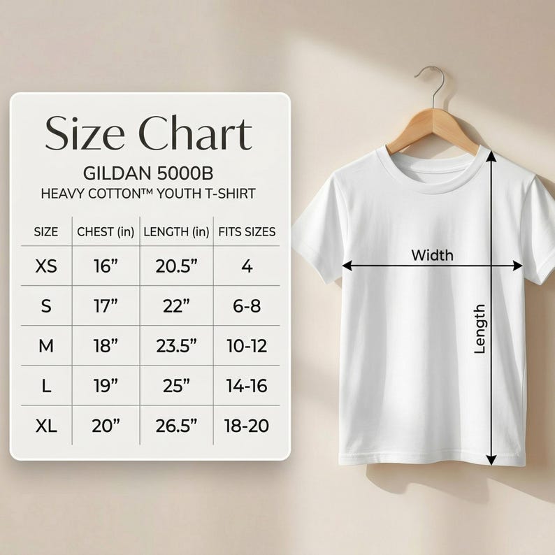 Size chart for Gildan 5000B Heavy Cotton Youth T-Shirt. A table shows measurements in inches and corresponding youth sizes from XS to XL. XS: 16" chest, 20.5" length (Fits size 4); S: 17" chest, 22" length (Fits sizes 6-8); M: 18" chest, 23.5" length (Fits sizes 10-12); L: 19" chest, 25" length (Fits sizes 14-16); XL: 20" chest, 26.5" length (Fits sizes 18-20). An illustration shows width measured across the chest and length from the top of the shoulder to the bottom hem.