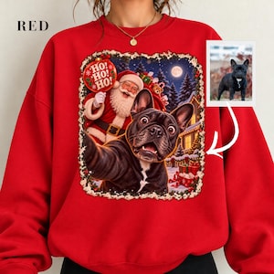 Sudadera navideña personalizada para perros, sudadera con cuello redondo y selfie de Papá Noel con foto de mascota personalizada, regalo navideño divertido para mamás y papás perrunos.