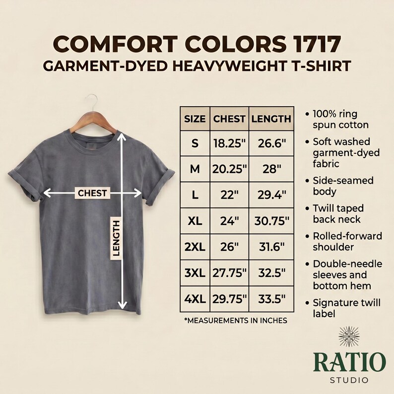 Comfort Colors 1717 garment-dyed heavyweight T-shirt size chart featuring a gray short-sleeve tee on a hanger with chest and length measurement arrows. Size guide includes S to 4XL with inch measurements, plus key fabric details such as 100% ring-spun cotton, soft-washed garment-dyed fabric, side-seamed body, twill taped back neck, rolled-forward shoulder, double-needle sleeves and hem, and signature twill label.