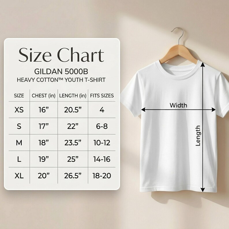 Size chart for Gildan 5000B Heavy Cotton Youth T-Shirt. A table shows measurements in inches and corresponding youth sizes from XS to XL. XS: 16" chest, 20.5" length (Fits size 4); S: 17" chest, 22" length (Fits sizes 6-8); M: 18" chest, 23.5" length (Fits sizes 10-12); L: 19" chest, 25" length (Fits sizes 14-16); XL: 20" chest, 26.5" length (Fits sizes 18-20). An illustration shows width measured across the chest and length from the top of the shoulder to the bottom hem.