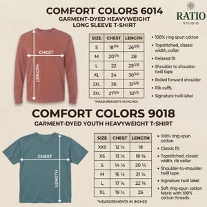 Detailed size chart for Ratio Studio apparel featuring Comfort Colors 6014 heavyweight long sleeve and 9018 youth t-shirts. Includes chest and length measurements in inches for sizes S to 3XL and XXS to XL, highlighting 100% ring-spun cotton and garment-dyed quality.