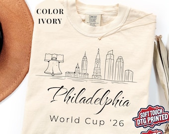 Philadelphia Skyline World Cup 2026 Comfort Colors Tee, Liberty Bell Soccer Apparel