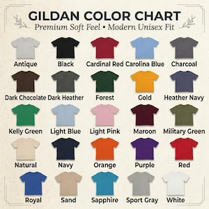 Gildan color chart for premium soft feel and modern unisex fit t-shirts. The image displays 25 color swatches including: Antique, Black, Cardinal Red, Carolina Blue, Charcoal, Dark Chocolate, Dark Heather, Forest, Gold, Heather Navy, Kelly Green, Light Blue, Light Pink, Maroon, Military Green, Natural, Navy, Orange, Purple, Red, Royal, Sand, Sapphire, Sport Gray, and White