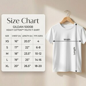 Size chart for Gildan 5000B Heavy Cotton Youth T-Shirt. A table shows measurements in inches and corresponding youth sizes from XS to XL. XS: 16" chest, 20.5" length (Fits size 4); S: 17" chest, 22" length (Fits sizes 6-8); M: 18" chest, 23.5" length (Fits sizes 10-12); L: 19" chest, 25" length (Fits sizes 14-16); XL: 20" chest, 26.5" length (Fits sizes 18-20). An illustration shows width measured across the chest and length from the top of the shoulder to the bottom hem.