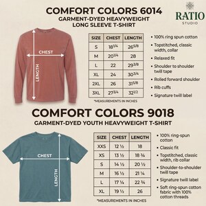 Detailed size chart for Ratio Studio apparel featuring Comfort Colors 6014 heavyweight long sleeve and 9018 youth t-shirts. Includes chest and length measurements in inches for sizes S to 3XL and XXS to XL, highlighting 100% ring-spun cotton and garment-dyed quality.