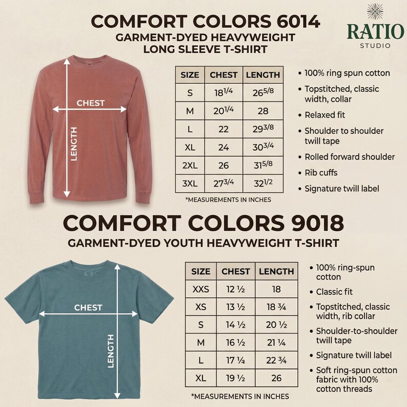 Detailed size chart for Ratio Studio apparel featuring Comfort Colors 6014 heavyweight long sleeve and 9018 youth t-shirts. Includes chest and length measurements in inches for sizes S to 3XL and XXS to XL, highlighting 100% ring-spun cotton and garment-dyed quality.