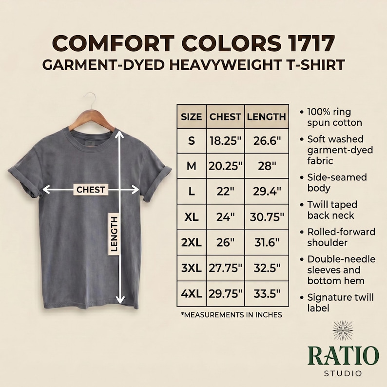 Comfort Colors 1717 garment-dyed heavyweight T-shirt size chart featuring a gray short-sleeve tee on a hanger with chest and length measurement arrows. Size guide includes S to 4XL with inch measurements, plus key fabric details such as 100% ring-spun cotton, soft-washed garment-dyed fabric, side-seamed body, twill taped back neck, rolled-forward shoulder, double-needle sleeves and hem, and signature twill label.