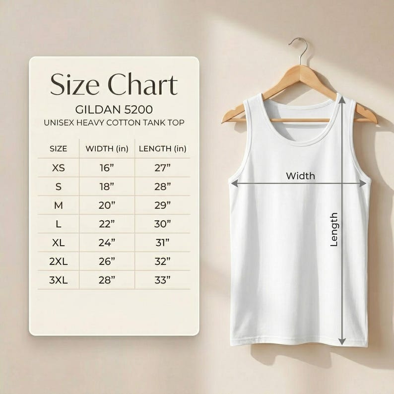 Size chart for Gildan 5200 Unisex Heavy Cotton Tank Top. The image features a table with measurements in inches for sizes XS to 3XL. XS: 16" width, 27" length; S: 18" width, 28" length; M: 20" width, 29" length; L: 22" width, 30" length; XL: 24" width, 31" length; 2XL: 26" width, 32" length; 3XL: 28" width, 33" length. A white tank top illustration shows width measured across the chest and length from shoulder to hem.
