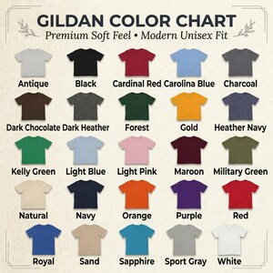 Gildan color chart for premium soft feel and modern unisex fit t-shirts. The image displays 25 color swatches including: Antique, Black, Cardinal Red, Carolina Blue, Charcoal, Dark Chocolate, Dark Heather, Forest, Gold, Heather Navy, Kelly Green, Light Blue, Light Pink, Maroon, Military Green, Natural, Navy, Orange, Purple, Red, Royal, Sand, Sapphire, Sport Gray, and White