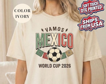 Koszulka Comfort Colors® Vamos Mexico, odzież na Mistrzostwa Świata 2026, koszulka piłkarska retro z Meksyku, koszulka kibica meksykańskiej piłki nożnej, koszulka piłkarska vintage