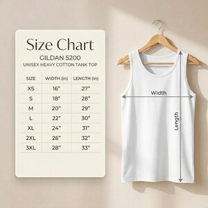 Size chart for Gildan 5200 Unisex Heavy Cotton Tank Top. The image features a table with measurements in inches for sizes XS to 3XL. XS: 16" width, 27" length; S: 18" width, 28" length; M: 20" width, 29" length; L: 22" width, 30" length; XL: 24" width, 31" length; 2XL: 26" width, 32" length; 3XL: 28" width, 33" length. A white tank top illustration shows width measured across the chest and length from shoulder to hem.
