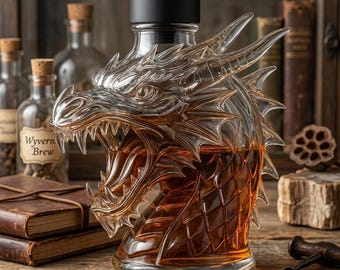 Dragon Head Glass Decanter, Wyvern's Brew Whiskey Bottle, Mythical Beast Glassware for Bar, Dungeons and Dragons Gift for Him, Fantasy Decor