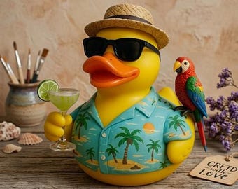 Handmade Tropical Beach Rubber Duck - Artisan Collectible Bath Toy with Fedora, Sunglasses, Macaw Parrot, Margarita Cocktails, Hawaiian Shir