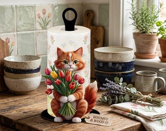 Niedlicher Orange Ginger Cat Papierhandtuchhalter, Kätzchen mit Tulpenblumen-Küchendekor, einzigartiges Blumenkatzenliebhabergeschenk, wunderliches Bauernhausdekor