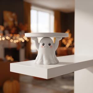 Pu&ograve; includere: Un espositore in ceramica bianca raffigurante un fantasma scolpito con un volto sorridente, guance rosee e piccole zanne. Il fantasma ha le braccia sollevate per sostenere una piattaforma circolare piatta, creando un oggetto decorativo funzionale.