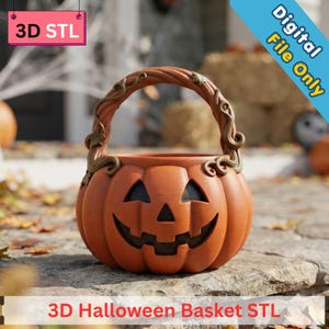 May include: A 3D STL digital file for a Halloween basket shaped like a carved orange pumpkin. The basket features a jack-o'-lantern face with triangular eyes and a wide, toothy grin, topped with a curved handle decorated with vine-like details.