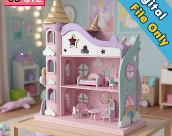 Speels fantasiepoppenhuis STL | Pastel kasteel speelhuis ontwerp | Digitale download | 3D printbaar poppenhuisbestand