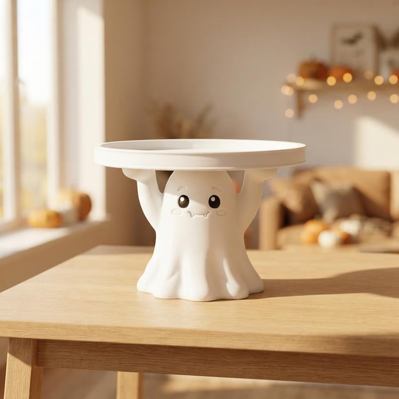 Pu&ograve; includere: Un'alzata per torte in ceramica bianca con una base a forma di fantasma scolpito, le cui braccia sollevate sostengono un piano circolare piatto. Il fantasma ha una finitura opaca liscia, occhi neri ovali, guance rosate e due piccoli denti.