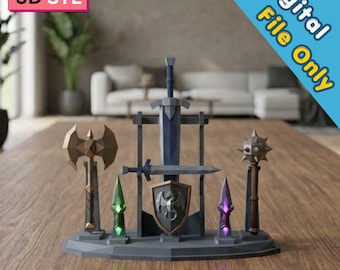 Mythic Arsenal-display STL | Laag poly fantasie relikwiedecor | Geometrische wapenvitrine | Bureaudisplay in middeleeuwse stijl | 3D-afdrukbestand