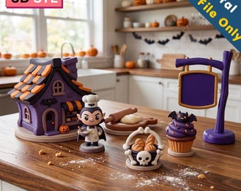 Halloween Bakkerij Miniatuur STL Bundel | Spookachtige Bakkerijscène | Vampierbakker & Cupcake | Skelet Broodmand | 3D Printbestanden